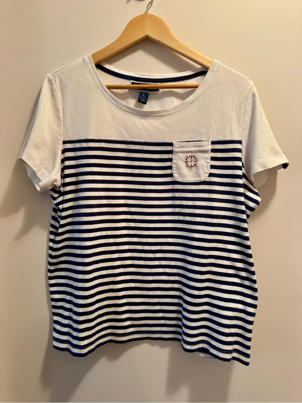 Karen Scott Nautical Striped T Shirt Rhinestone Ship Wheel Pocket Size XL NWOT